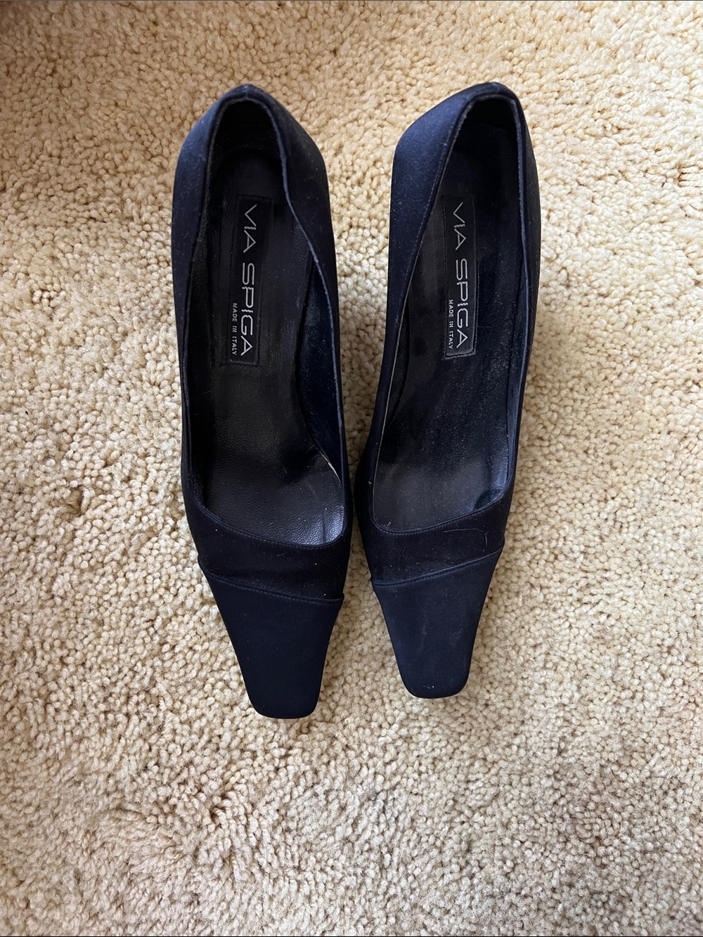Via Spiga Black Square-Toe Satin Pumps